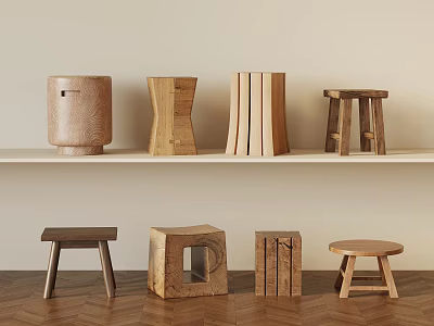 Modern Wooden Stools With Various Shapes And Designs On Shelf And Floor 3d model