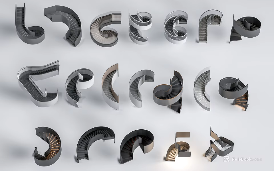 Various Creative Staircase Designs Featuring Spiral Curved Geometric And Unique Shapes 3d model 