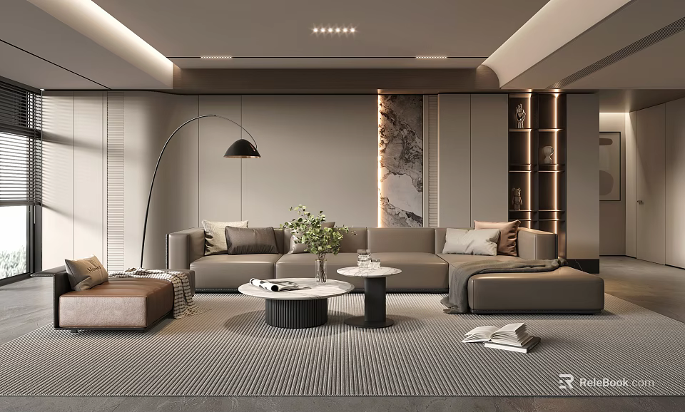 Modern Living Room Interior With Sofa Coffee Table Floor Lamp Rug Decorative Painting And Bookshelf 3d model 