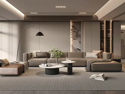 Modern Living Room Interior With Sofa Coffee Table Floor Lamp Rug Decorative Painting And Bookshelf 3d model