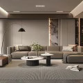 Modern Living Room Interior With Sofa Coffee Table Floor Lamp Rug Decorative Painting And Bookshelf