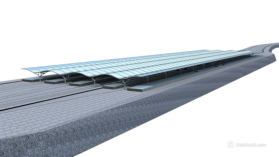 Long Glass Roof Structure With Supporting Columns And Paved Ground Area 3d model