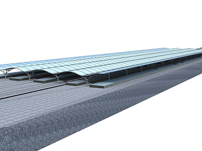 Long Glass Roof Structure With Supporting Columns And Paved Ground Area 3d model