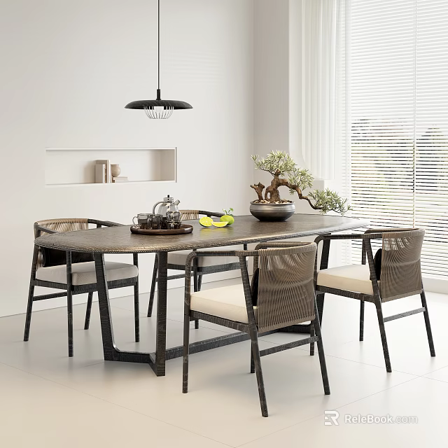 Modern Dining Table Set With Chairs Pendant Light And Potted Plant Near Window Blinds 3d model 