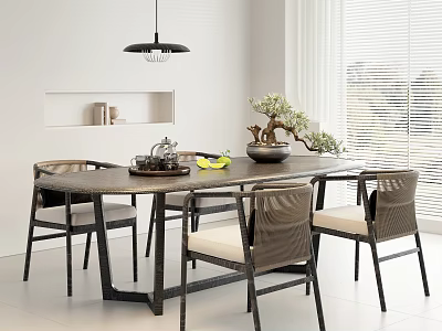 Modern Dining Table Set With Chairs Pendant Light And Potted Plant Near Window Blinds 3d model
