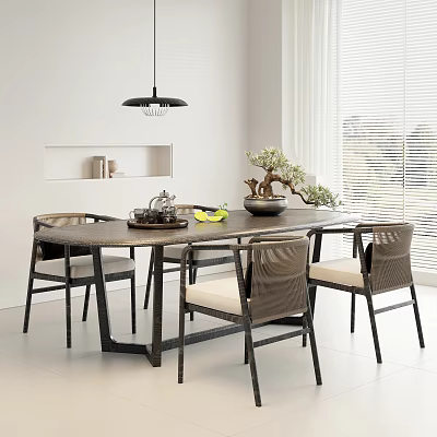 Modern Dining Table Set With Chairs Pendant Light And Potted Plant Near Window Blinds 3d model