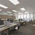 Bright Spacious Modern Open Office With Orderly Workstations Desktop Computers And Large City View Windows