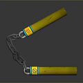 Yellow Martial Arts Nunchucks With Blue Red Accents And Metallic Chain Design