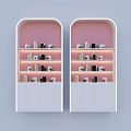 White Display Shelves with Arched Top Pink Background Multi Layered Holding Small Items Bottom Cabinets