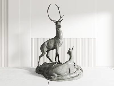 Stone Deer Sculpture Carving With Standing And Resting Figures In Modern Interior 3d model