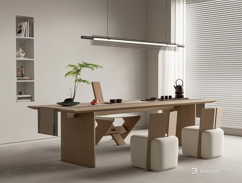 Modern Wooden Tea Table and Chairs with Tea Set and Green Plant in Minimalist Room 3d model 