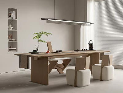 Modern Wooden Tea Table and Chairs with Tea Set and Green Plant in Minimalist Room 3d model