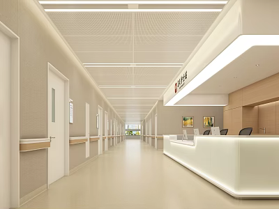 Modern Hospital Corridor With Beige Floor Bright Lighting And White Reception Desk 3d model