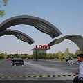 Modern Arched Entrance Gate with Streamlined Curved Structure LOGO Sign and Cars on Road