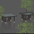 Modern Pergola Structures With Glass Roofs Surrounded By Green Trees On Water Surface