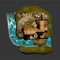 Whimsical Rural Scenery With Thatched Roof House Flowing River Water Wheel And Lush Grass