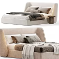 Modern Upholstered Double Bed Interior With Layered Pillows Cozy Blanket And Round Side Table 3d model