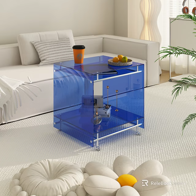Blue Transparent Coffee Table On Wheels With Orange Cup And Fruit Plate In Modern Living Room 3d model 