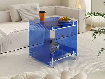 Blue Transparent Coffee Table On Wheels With Orange Cup And Fruit Plate In Modern Living Room 3d model