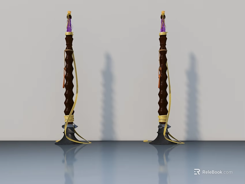 Decorative Weapons With Wooden Shafts Golden Accents And Purple Gemstone Tops 3d model 