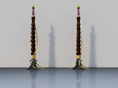 Decorative Weapons With Wooden Shafts Golden Accents And Purple Gemstone Tops 3d model