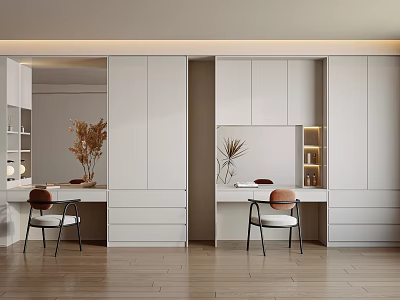 Elegant Modern Vanity Interior With White Cabinets Mirror Chair And Decorative Plants 3d model