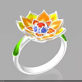 Stylish Lotus Shaped Fashion Ring With Orange Yellow Petals Green Accents And Red Blue Center