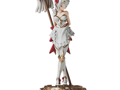 Female Doll With White Outfit Red Accents Holding Broom On Gold Base 3d model
