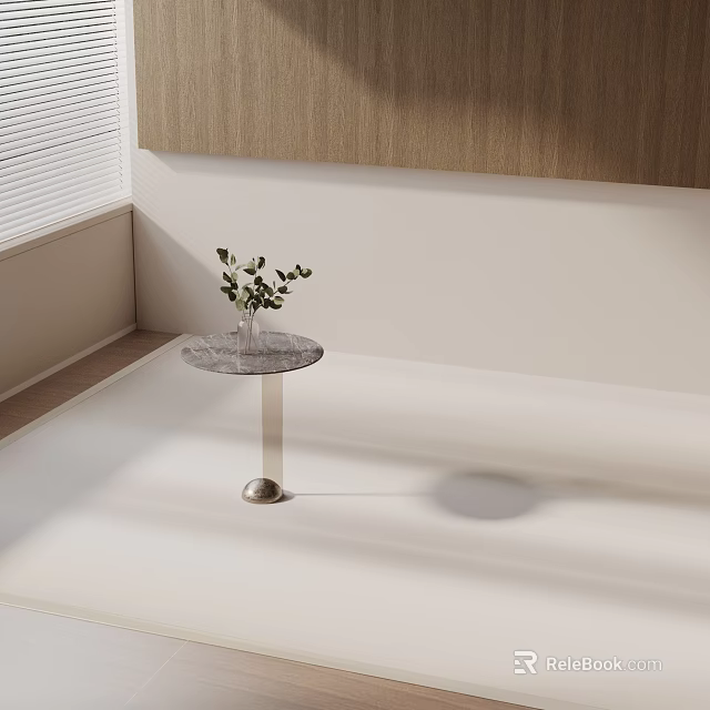 Modern Side Table With Round Marble Top Metal Stand And Small Plant On White Floor By Wooden Wall 3d model 