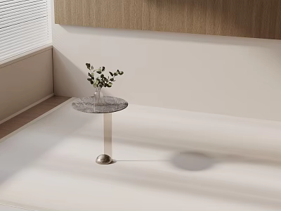 Modern Side Table With Round Marble Top Metal Stand And Small Plant On White Floor By Wooden Wall 3d model