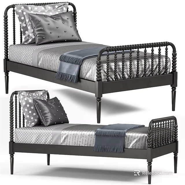 Classic Single Bed With Black Frame Gray Mattress Pillows And Decorative Rails 3d model 