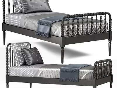 Classic Single Bed With Black Frame Gray Mattress Pillows And Decorative Rails 3d model