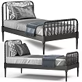 Classic Single Bed With Black Frame Gray Mattress Pillows And Decorative Rails