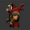 Stylized 3D Tiger Model Wearing Golden Armor and Red Cape with Muscular Build
