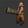 Bald Head Game Movie Character With Orange Scarf And Robe Holding Shield With Yellow Ornament