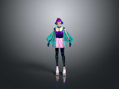 Vibrant Fashionable Woman In Purple Top Pink Skirt And Blue Sheer Sleeves With Futuristic Headpiece 3d model