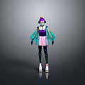 Vibrant Fashionable Woman In Purple Top Pink Skirt And Blue Sheer Sleeves With Futuristic Headpiece