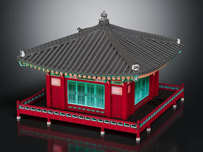 Cartoon Scene Featuring Traditional Red Building With Green Windows Black Tiled Roof And Decorative Eaves 3d model