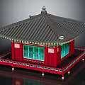 Cartoon Scene Featuring Traditional Red Building With Green Windows Black Tiled Roof And Decorative Eaves