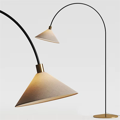 Modern Minimalist Floor Lamps With Black Poles Conical Beige Shades Gold Accents 3d model