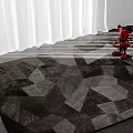 Square Rug With Geometric Pattern In Black And Gray On Wooden Floor With White Curtains