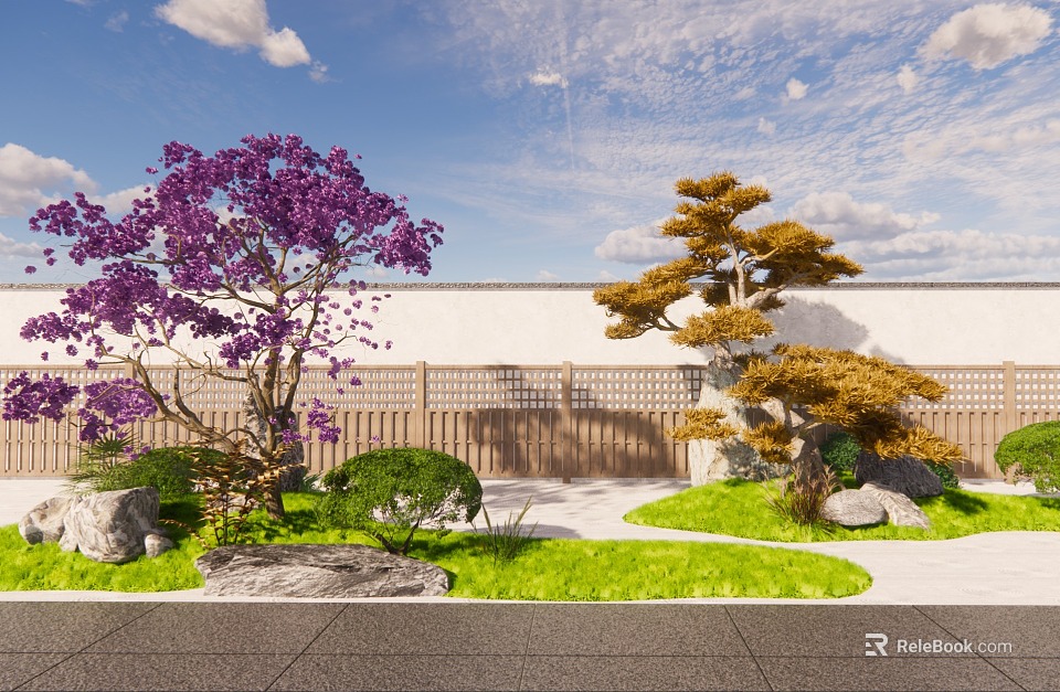 Beautiful Courtyard Garden With Purple Flowering Tree Golden Pine Stones Green Lawn And Wooden Fence 3d model 