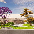 Beautiful Courtyard Garden With Purple Flowering Tree Golden Pine Stones Green Lawn And Wooden Fence