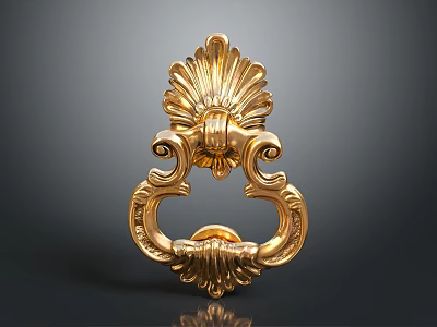Golden Vintage Door Knocker With Shell Shaped Design And Curved Patterns 3d model