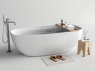 White Bathtub With Faucet Tray Bottles Towel Slippers Mat And Wooden Stool Aromatherapy Sticks 3d model