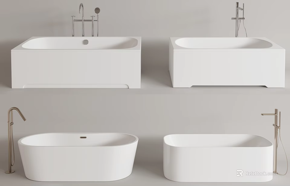 Different Styles Of White Freestanding Bathtubs With Modern Faucet And Sleek Design 3d model 