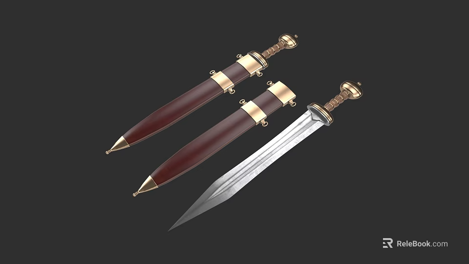 Antique Swords With Red Scabbards Golden Decorations And Unsheathed Silver Blade 3d model 