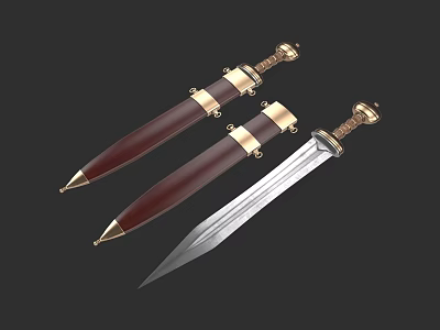 Antique Swords With Red Scabbards Golden Decorations And Unsheathed Silver Blade 3d model