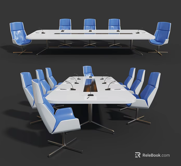 Modern Conference Table With Blue And White Chairs Metal Base And Spacious Design 3d model 