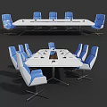 Modern Conference Table With Blue And White Chairs Metal Base And Spacious Design